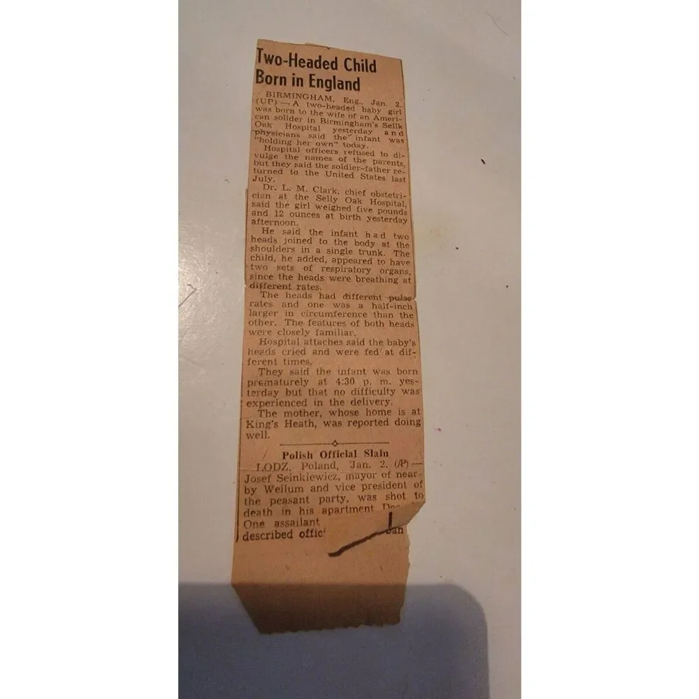 1940s Newspaper‎ Clipping 2 Headed Child Born Military Enlistment On The Back